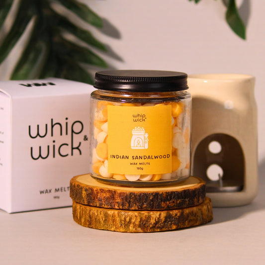 Indian Sandalwood Wax Melts with chandan wood, saffron, floral spices, amber, and musk for a calming and luxurious fragrance experience.