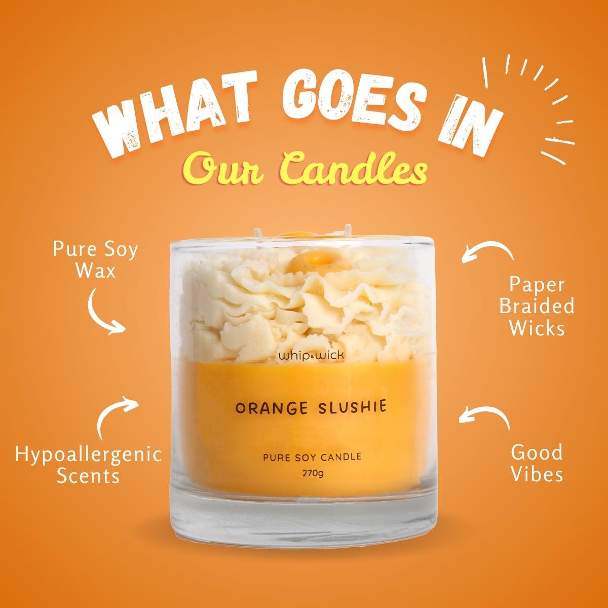 Orange Slushie Scented Candle with fresh orange, lemon, sugar, citrus, and icy notes, offering a refreshing, sweet, and cool fragrance for your space.