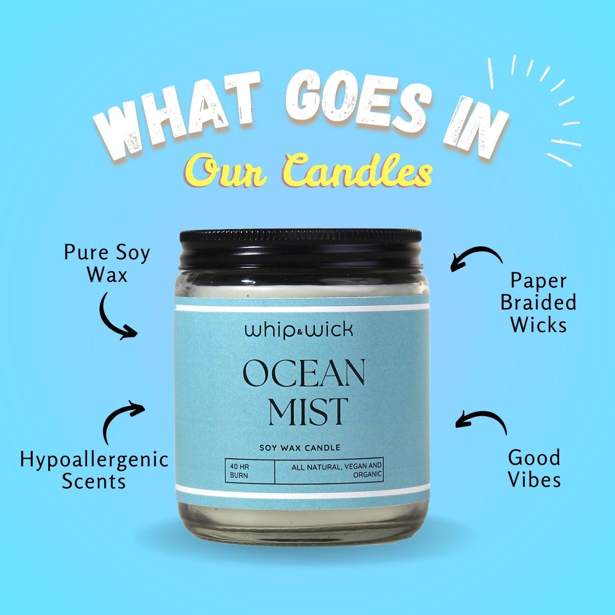 Ocean Mist Scented Candle with fresh aqua, sea salt, amber, musk, and driftwood, evoking a clean, invigorating sea breeze for your space.