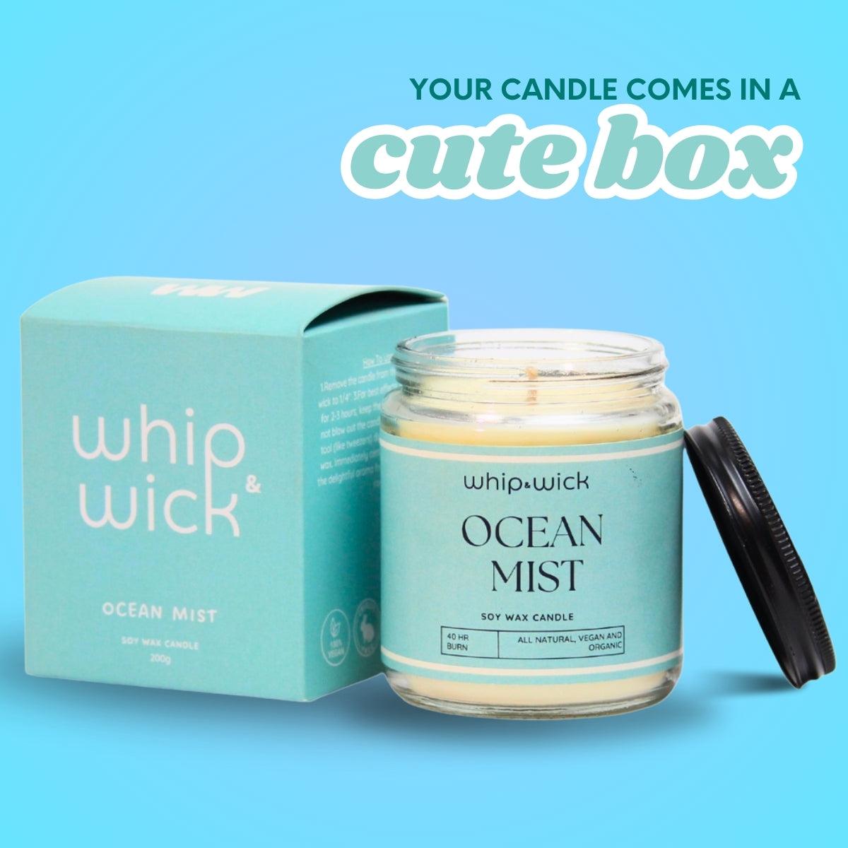 Ocean Mist Scented Candle with fresh aqua, sea salt, amber, musk, and driftwood, evoking a clean, invigorating sea breeze for your space.