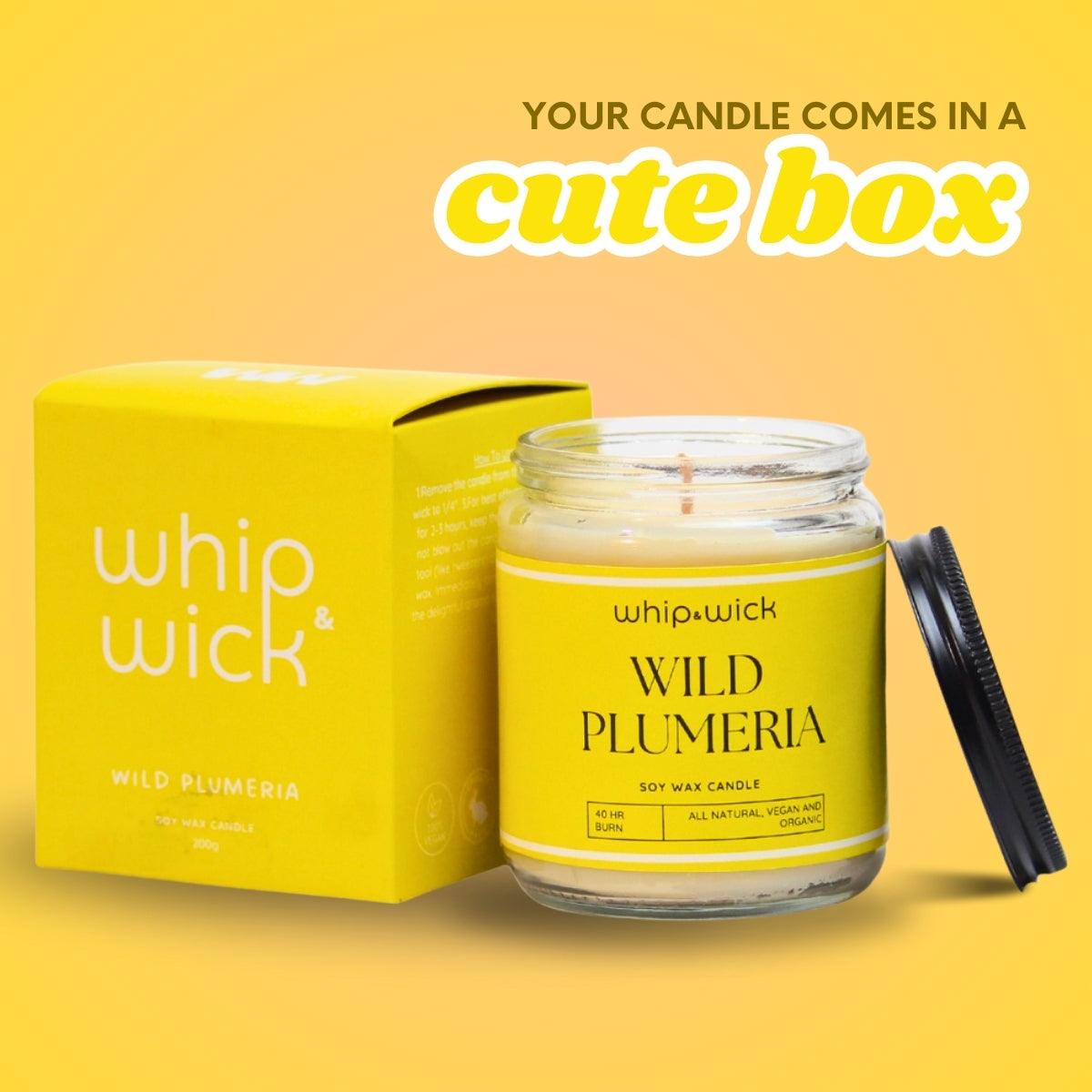 Wild Plumeria Scented Candle featuring plumeria, citrus, green moss, aqua, and amber for a refreshing floral, citrus, and earthy aroma.