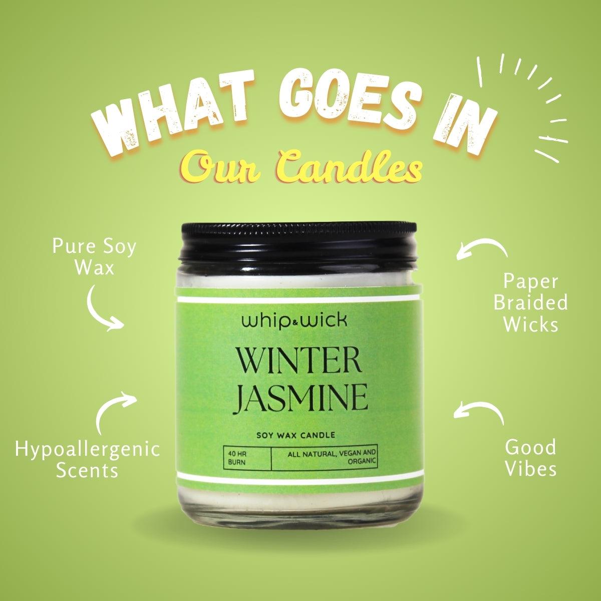 Winter Jasmine Scented Candle blends jasmine, honey, green leaves, and musk for a calming, refreshing winter fragrance experience.