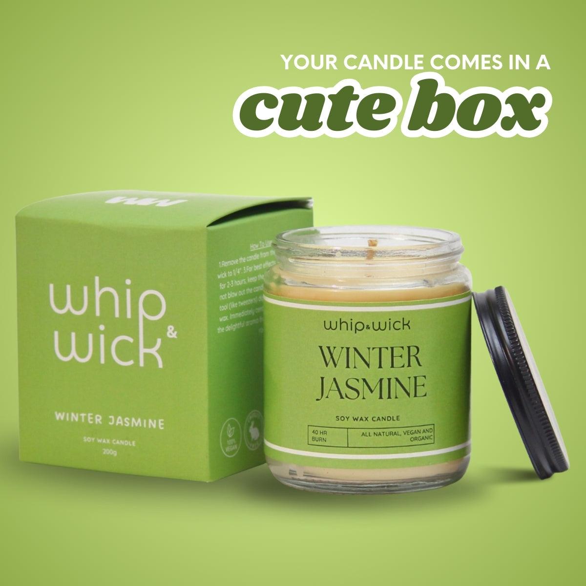 Winter Jasmine Scented Candle blends jasmine, honey, green leaves, and musk for a calming, refreshing winter fragrance experience.