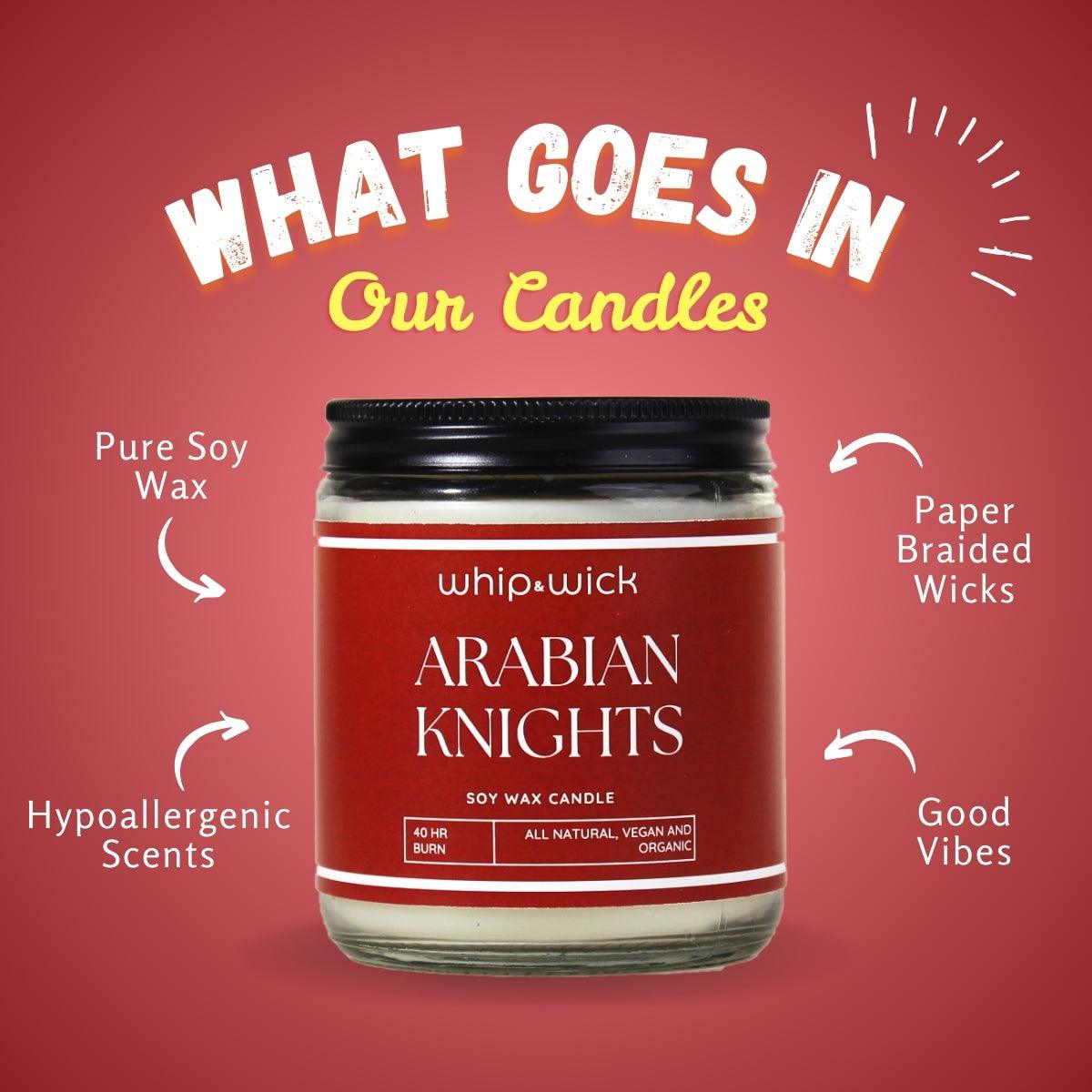 Arabian Knights Scented Candle with a rich, luxurious fragrance of roses, amberwood, and dark oud for a warm and exotic atmosphere.