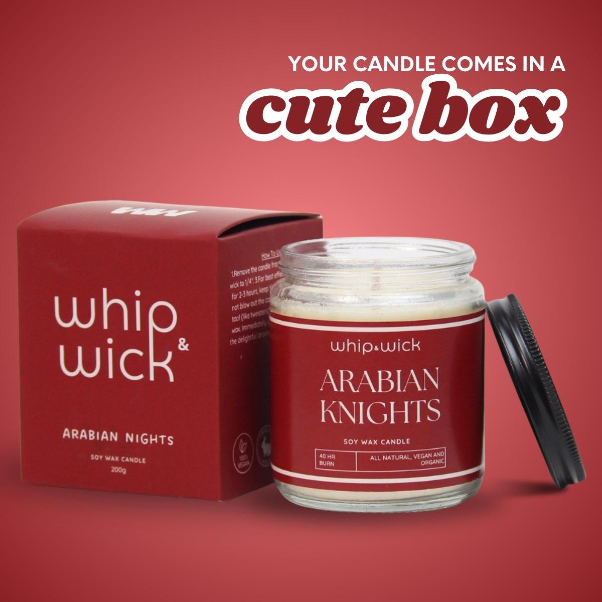 Arabian Knights Scented Candle with a rich, luxurious fragrance of roses, amberwood, and dark oud for a warm and exotic atmosphere.