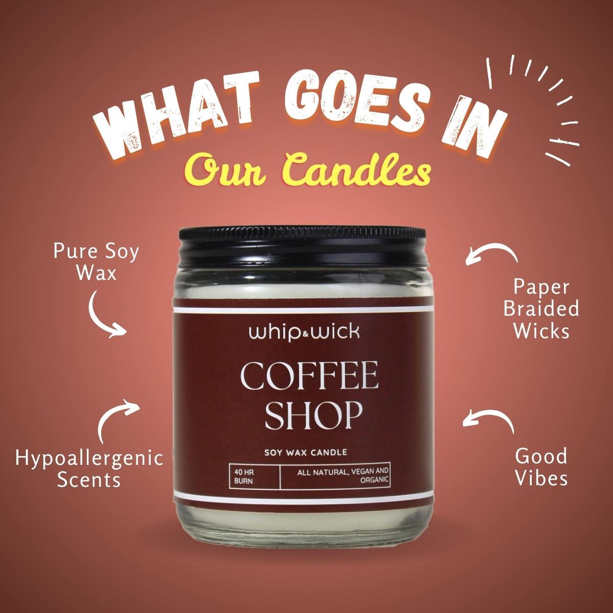 Coffee Shop Scented Candle with top notes of coffee beans and cocoa, middle notes of dairy and chocolate, and a caramel-tonka bean base for a cozy scent.