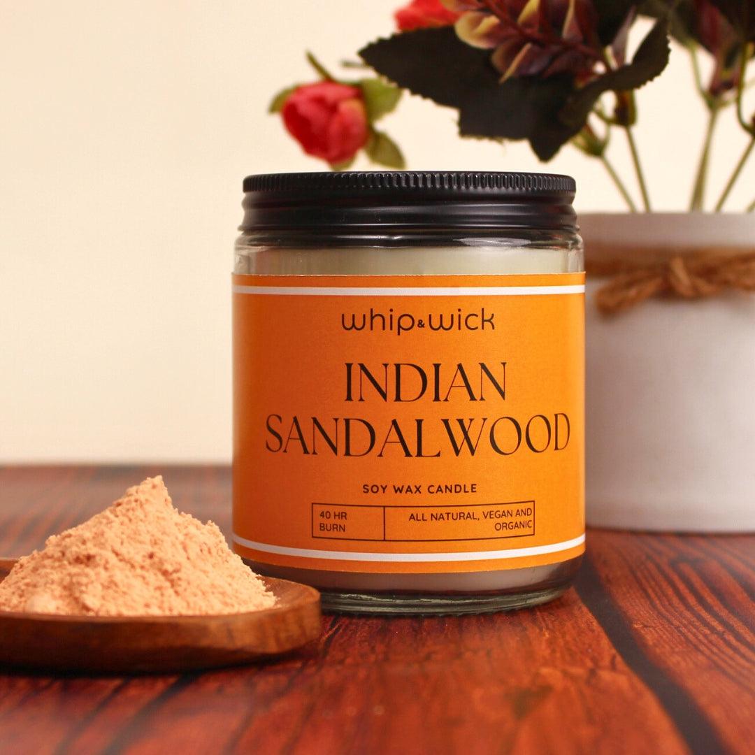 Indian Sandalwood Scented Candle with notes of chandan wood, saffron, floral spices, amber, and musk for a calming, earthy, and luxurious aroma.