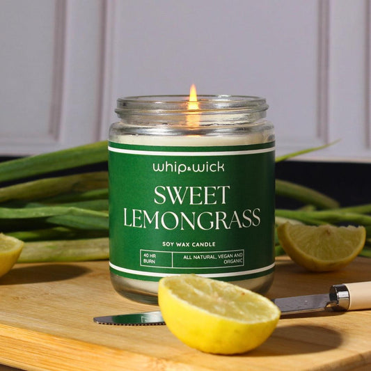 Sweet Lemongrass Scented Candle with lemongrass, lemon zest, bergamot, honey, and ginger for a refreshing, calming fragrance.