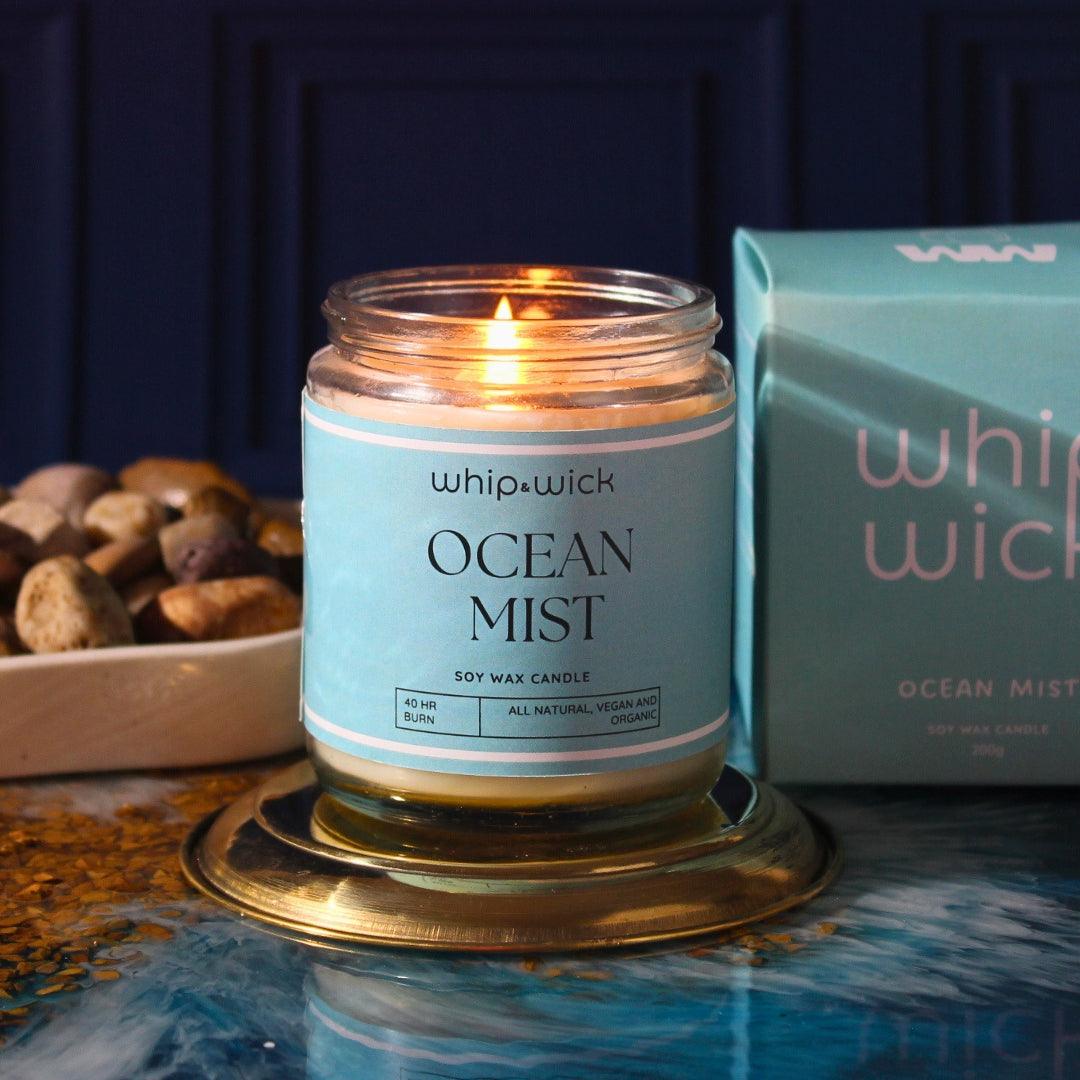 Ocean Mist Scented Candle with fresh aqua, sea salt, amber, musk, and driftwood, evoking a clean, invigorating sea breeze for your space.
