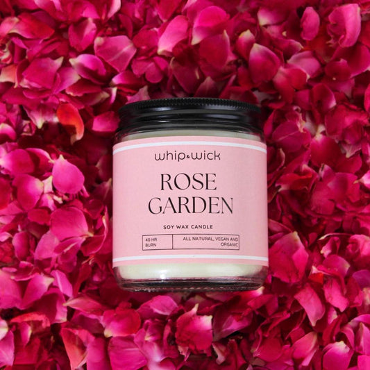 Rose Garden Scented Candle with fresh roses, honey, green tea, and musk for a soothing and elegant floral experience.