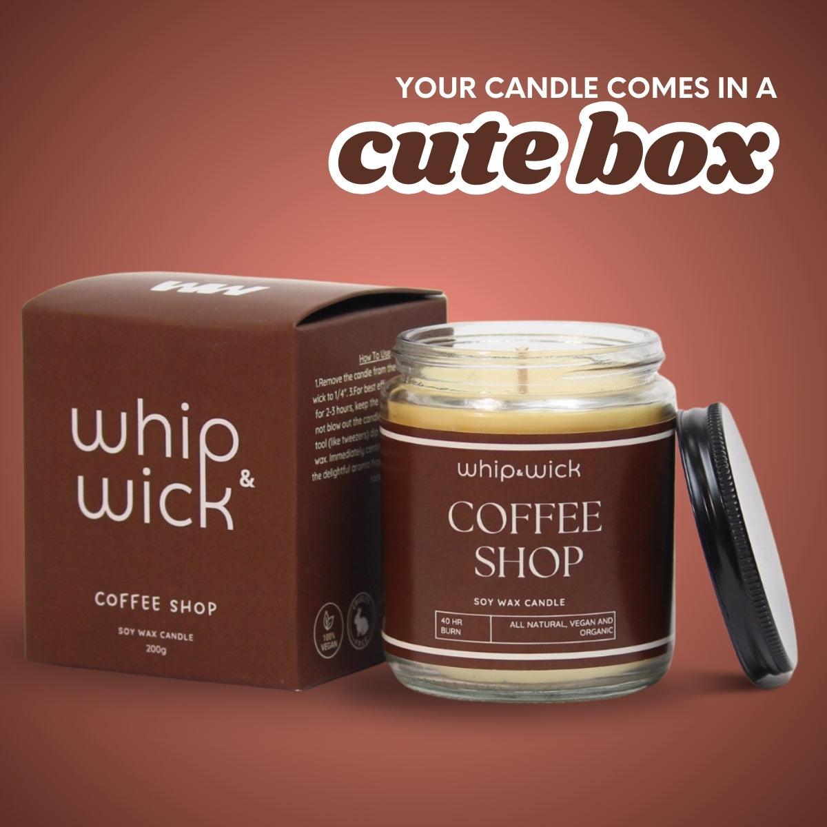 Coffee Shop Scented Candle with top notes of coffee beans and cocoa, middle notes of dairy and chocolate, and a caramel-tonka bean base for a cozy scent.