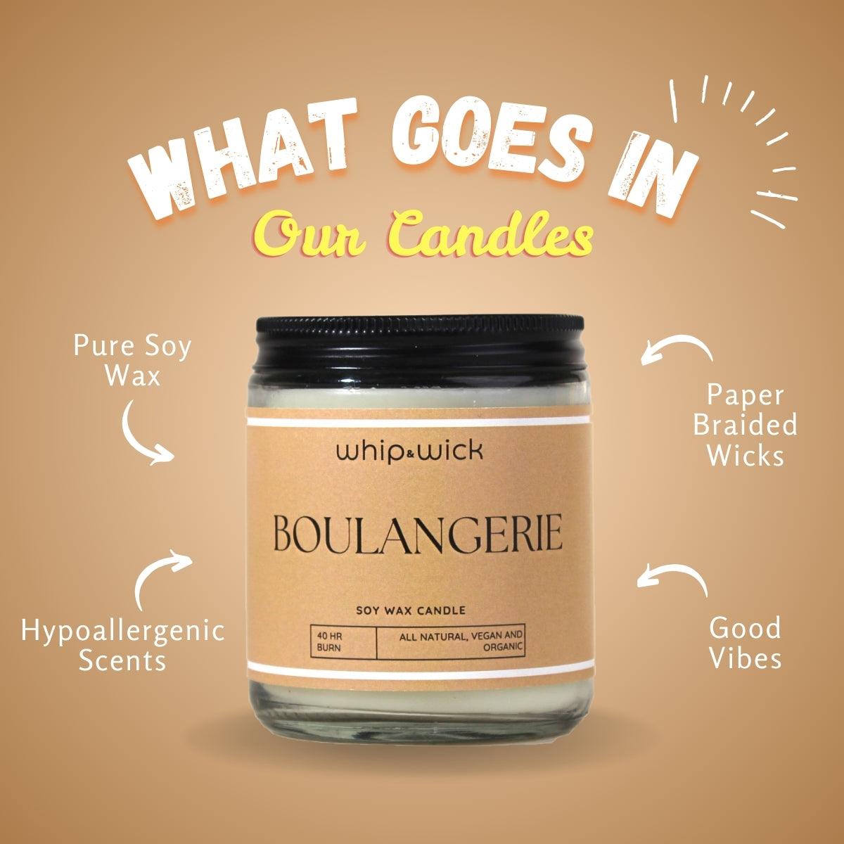 Boulangerie Scented Candle with rich notes of vanilla, tonka beans, baguette, and warm sugar, creating a cozy, bakery-inspired atmosphere.
