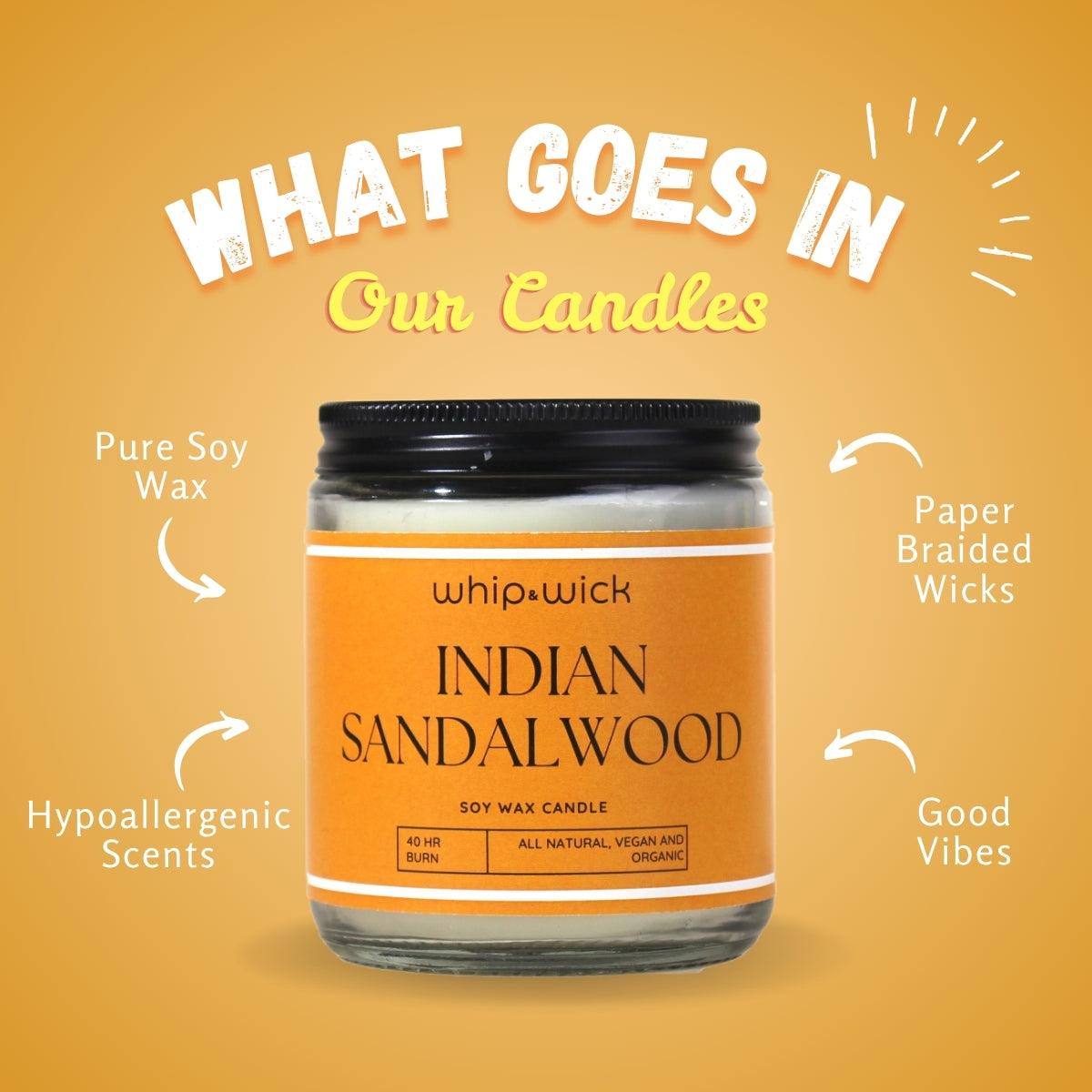 Indian Sandalwood Scented Candle with notes of chandan wood, saffron, floral spices, amber, and musk for a calming, earthy, and luxurious aroma.
