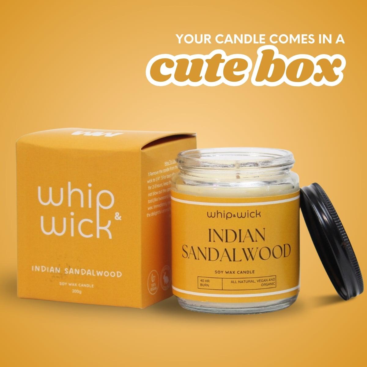 Indian Sandalwood Scented Candle with notes of chandan wood, saffron, floral spices, amber, and musk for a calming, earthy, and luxurious aroma.