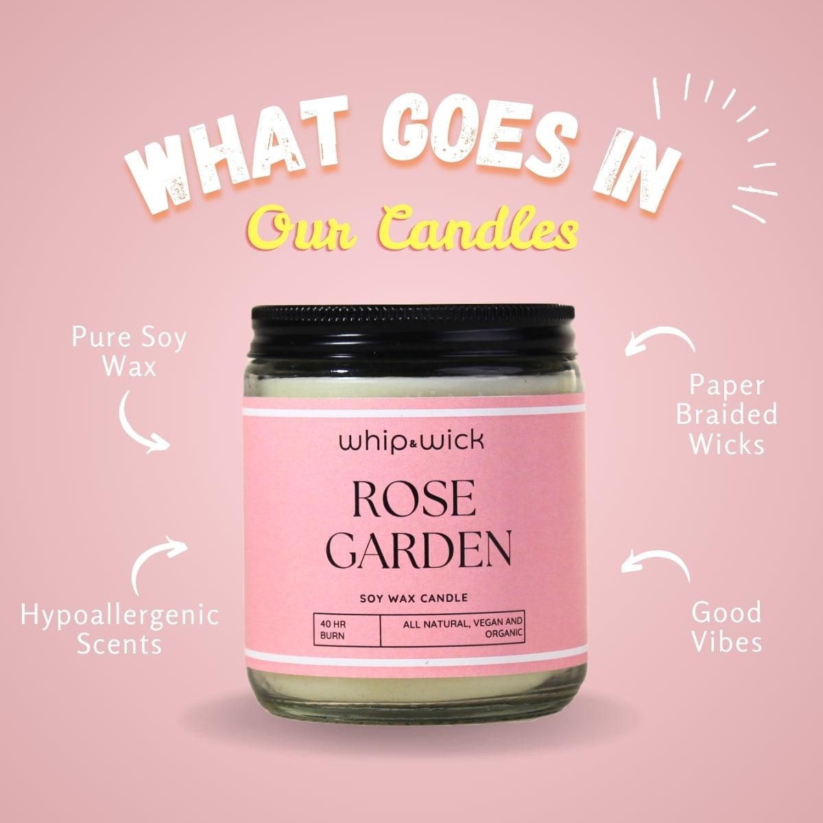 Rose Garden Scented Candle with fresh roses, honey, green tea, and musk for a soothing and elegant floral experience.