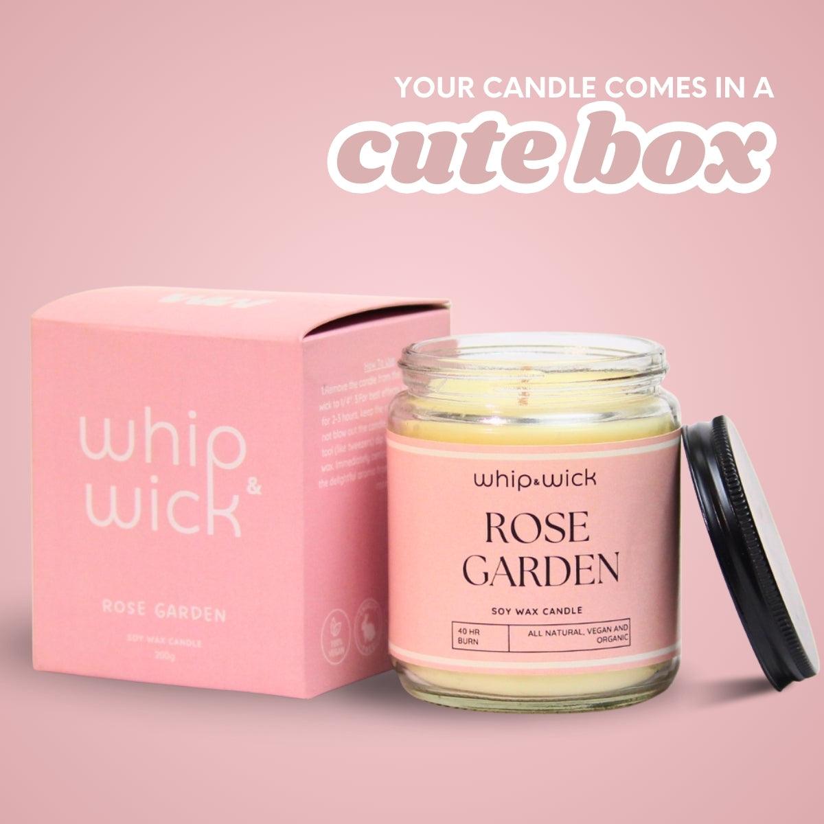 Rose Garden Scented Candle with fresh roses, honey, green tea, and musk for a soothing and elegant floral experience.