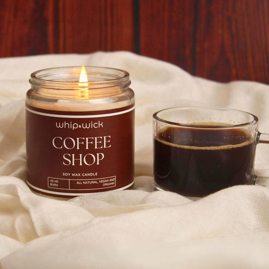 Coffee Shop Scented Candle with top notes of coffee beans and cocoa, middle notes of dairy and chocolate, and a caramel-tonka bean base for a cozy scent.