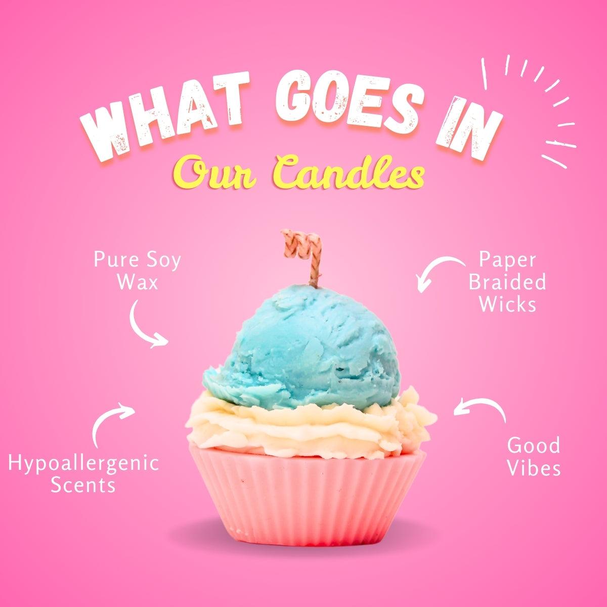 Bubblegum Cupcake Scented Candle with notes of bubblegum, cotton candy, strawberries, peach, peppermint, and sugar for a playful, sweet fragrance.