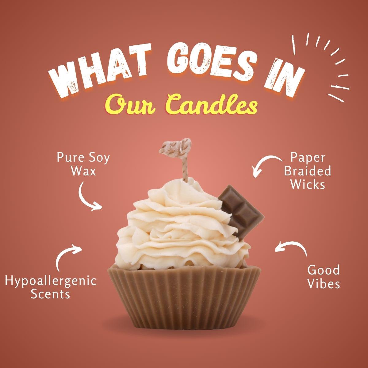 Chocochip Cupcake Scented Candle with top notes of chocolate and cream, middle notes of vanilla and toffee, and base notes of caramel and whipped cream.