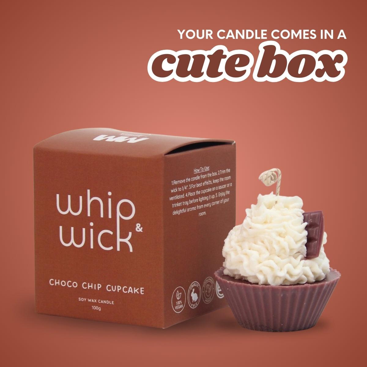 Chocochip Cupcake Scented Candle with top notes of chocolate and cream, middle notes of vanilla and toffee, and base notes of caramel and whipped cream.