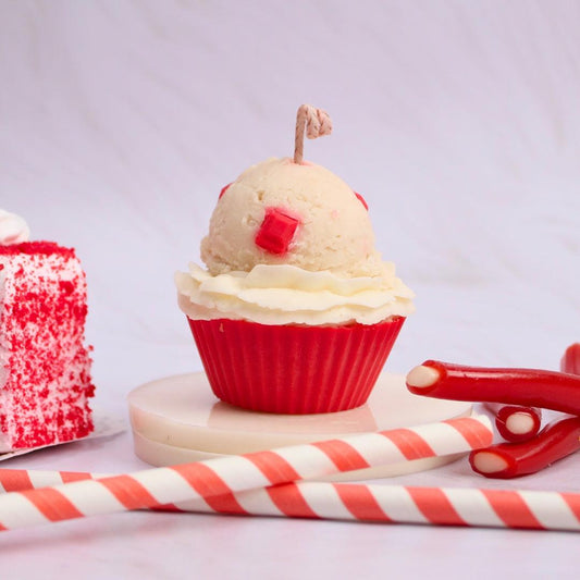 Red Velvet Cupcake Scented Candle with layers of cocoa, cream cheese frosting, and vanilla – a dessert-inspired delight for your space