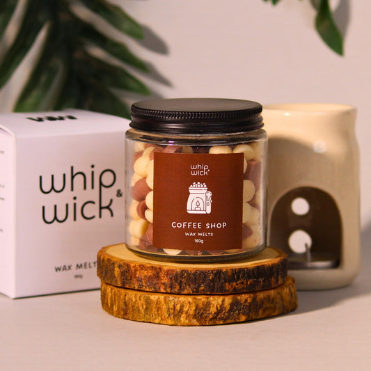 Coffee Shop Wax Melts with rich coffee beans, cocoa, chocolate, caramel, and tonka beans for a cozy café-inspired aroma throughout your space.