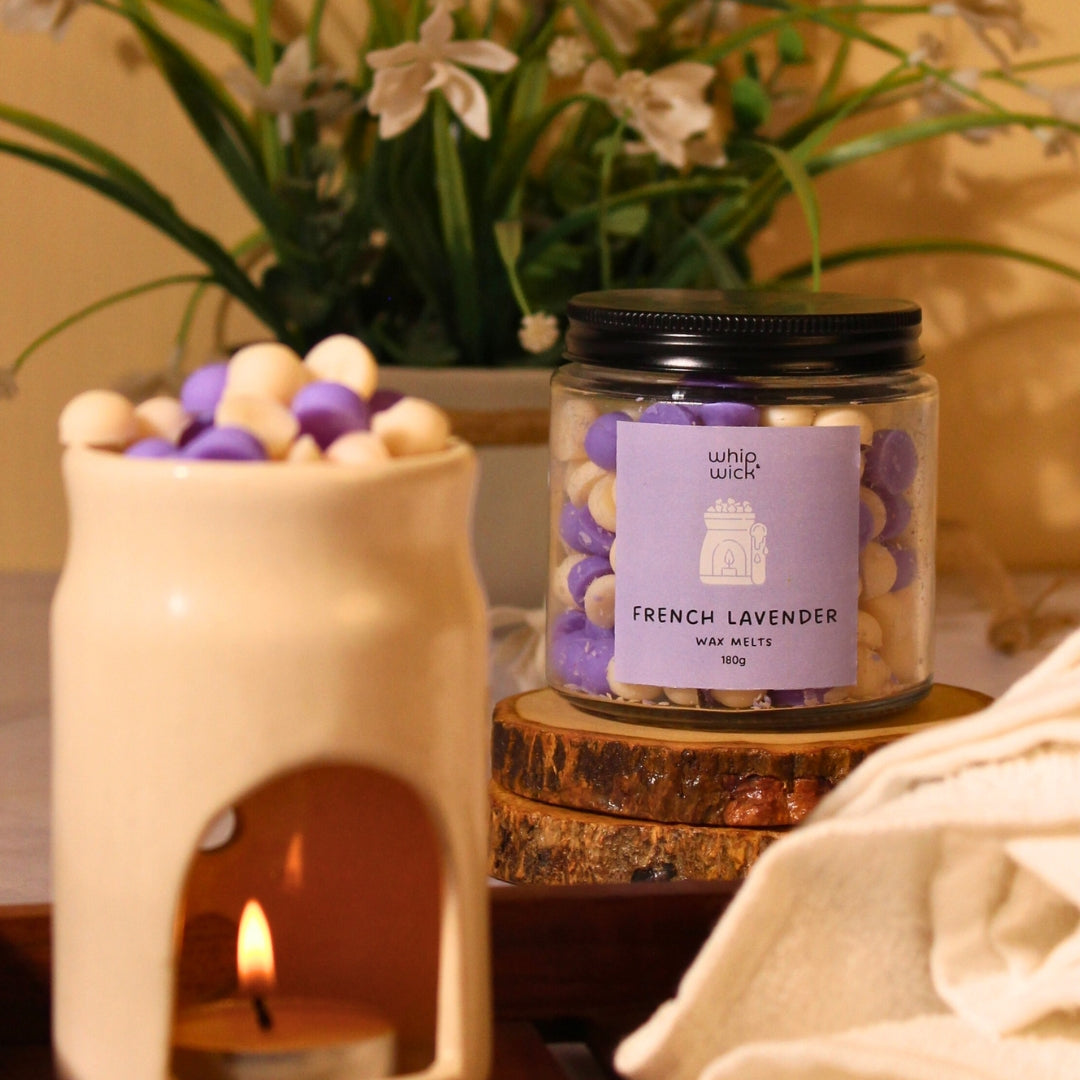 French Lavender Wax Melts with lavender, lemon, sea salt, and patchouli for a calming and refreshing herbal-floral scent that soothes your space.