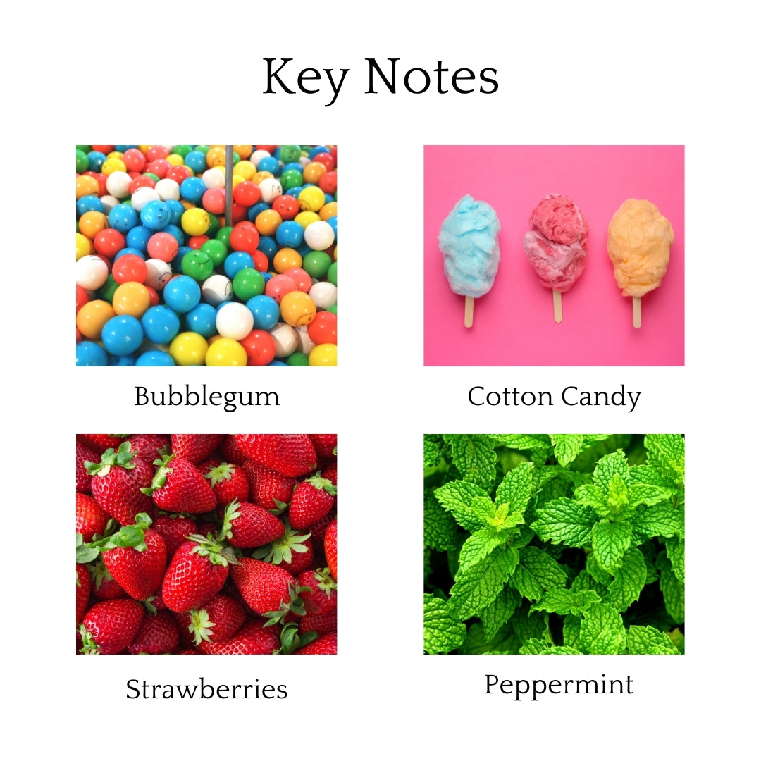 Bubblegum Wax Melts with top notes of bubblegum, cotton candy, strawberries, peach, and a sugary base of peppermint and sugar for a fun, sweet scent.