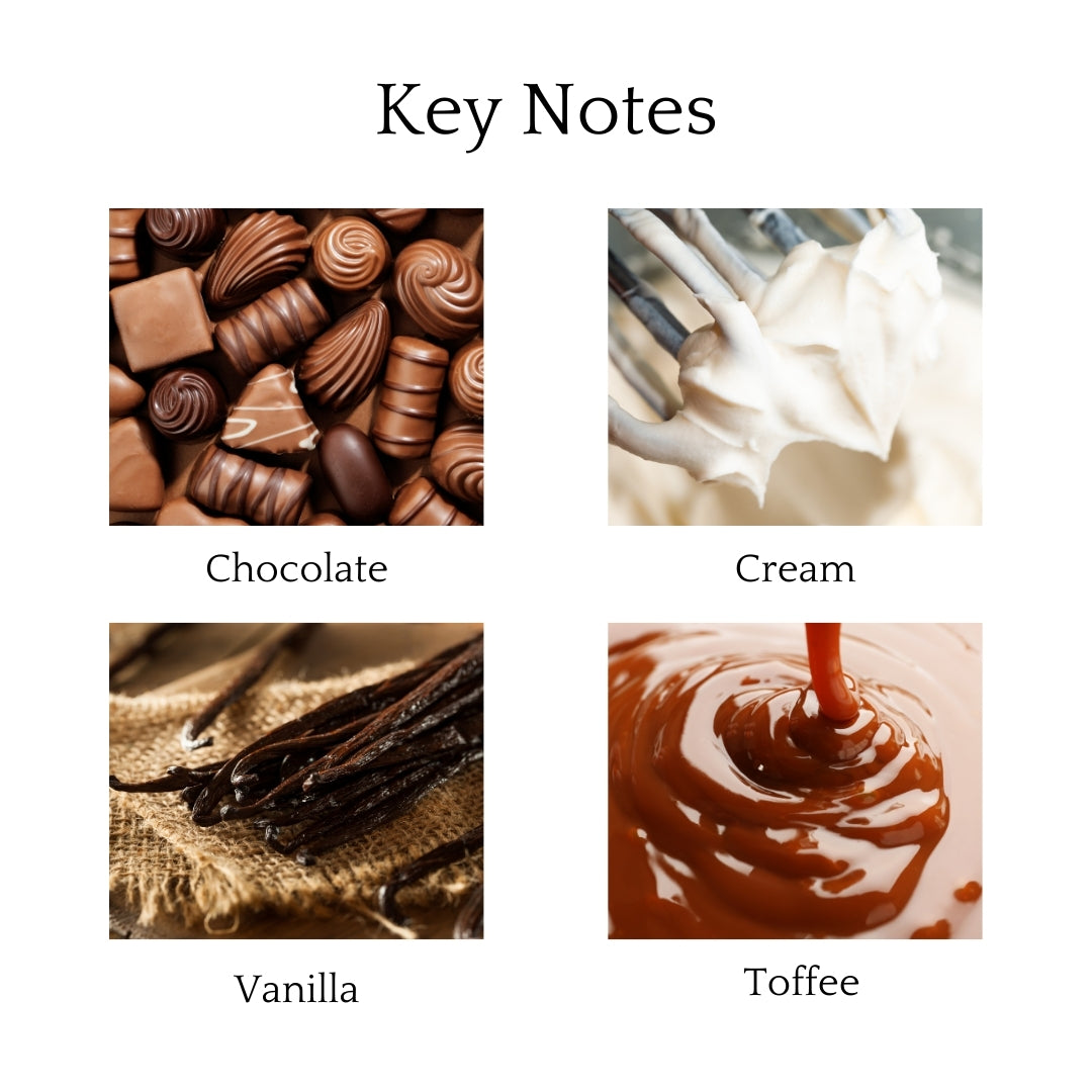 Chocolate Wax Melts with notes of rich chocolate, cream, vanilla, toffee, caramel, and whipped cream for a sweet, indulgent scent throughout your space.