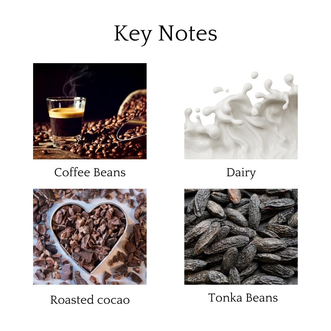 Coffee Shop Scented Candle with top notes of coffee beans and cocoa, middle notes of dairy and chocolate, and a caramel-tonka bean base for a cozy scent.