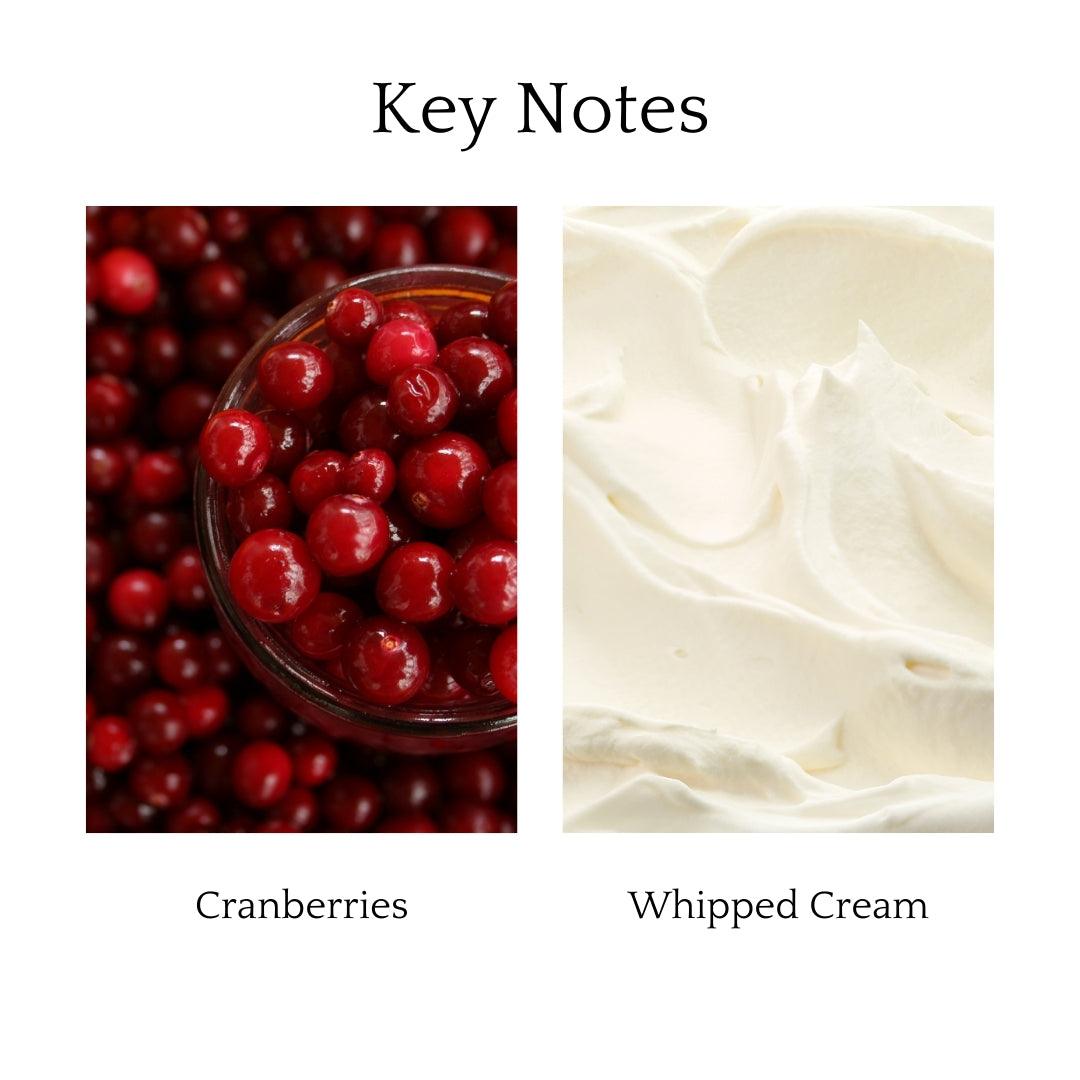 Cranberry Frappe Scented Candle with top notes of cranberries and mint, middle notes of whipped cream and sugar, and a vanilla base for a refreshing aroma.