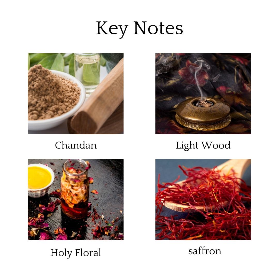 Indian Sandalwood Scented Candle with notes of chandan wood, saffron, floral spices, amber, and musk for a calming, earthy, and luxurious aroma.