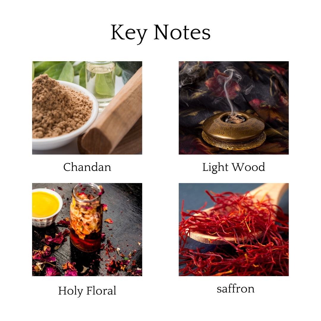 Indian Sandalwood Wax Melts with chandan wood, saffron, floral spices, amber, and musk for a calming and luxurious fragrance experience.