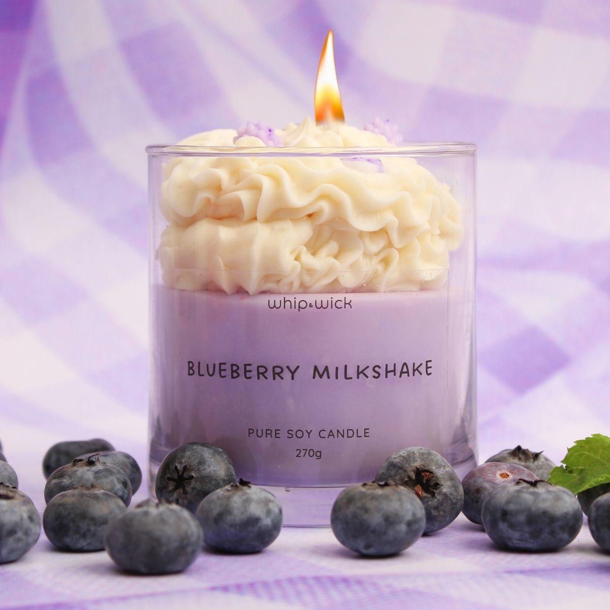 Blueberry Milkshake Scented Candle with a sweet, creamy aroma of fresh blueberries and vanilla, perfect for a cozy, indulgent atmosphere.