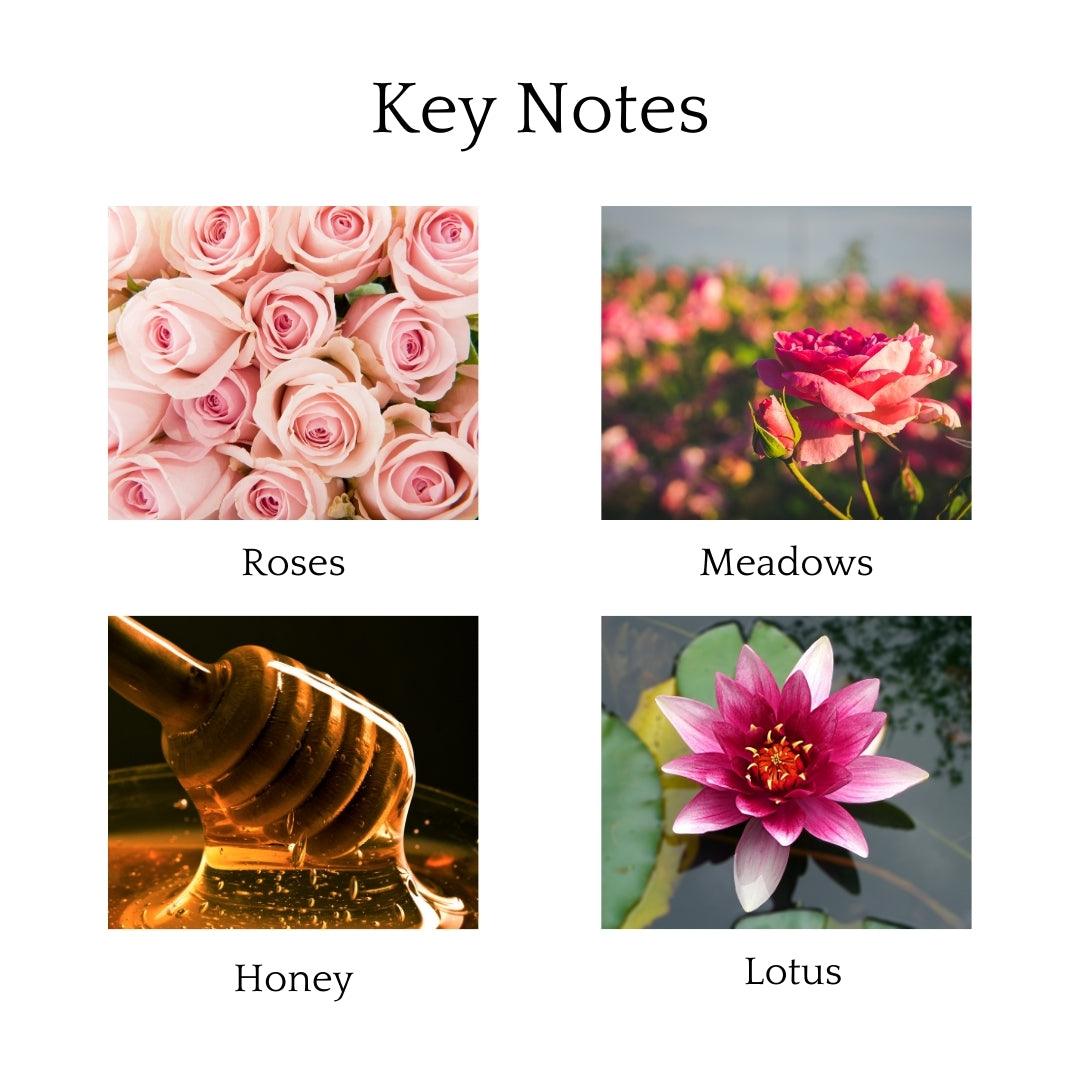 Rose Garden Scented Candle with fresh roses, honey, green tea, and musk for a soothing and elegant floral experience.