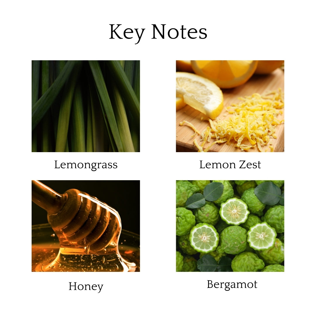 Sweet Lemongrass Scented Candle with lemongrass, lemon zest, bergamot, honey, and ginger for a refreshing, calming fragrance.