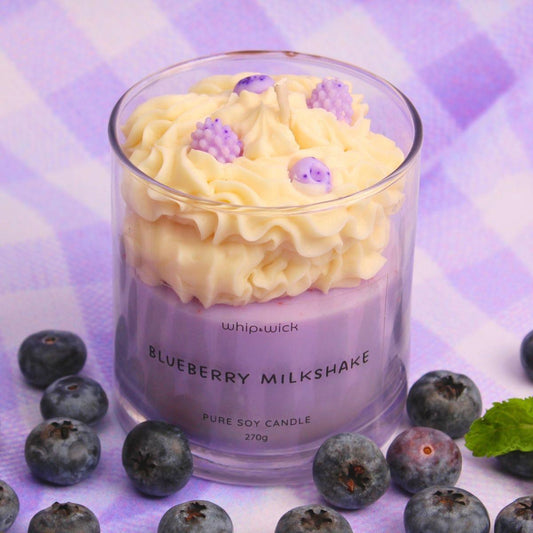 Blueberry Milkshake Scented Candle with a sweet, creamy aroma of fresh blueberries and vanilla, perfect for a cozy, indulgent atmosphere.