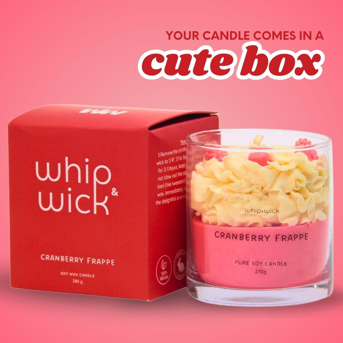 Cranberry Frappe Scented Candle with top notes of cranberries and mint, middle notes of whipped cream and sugar, and a vanilla base for a refreshing aroma.