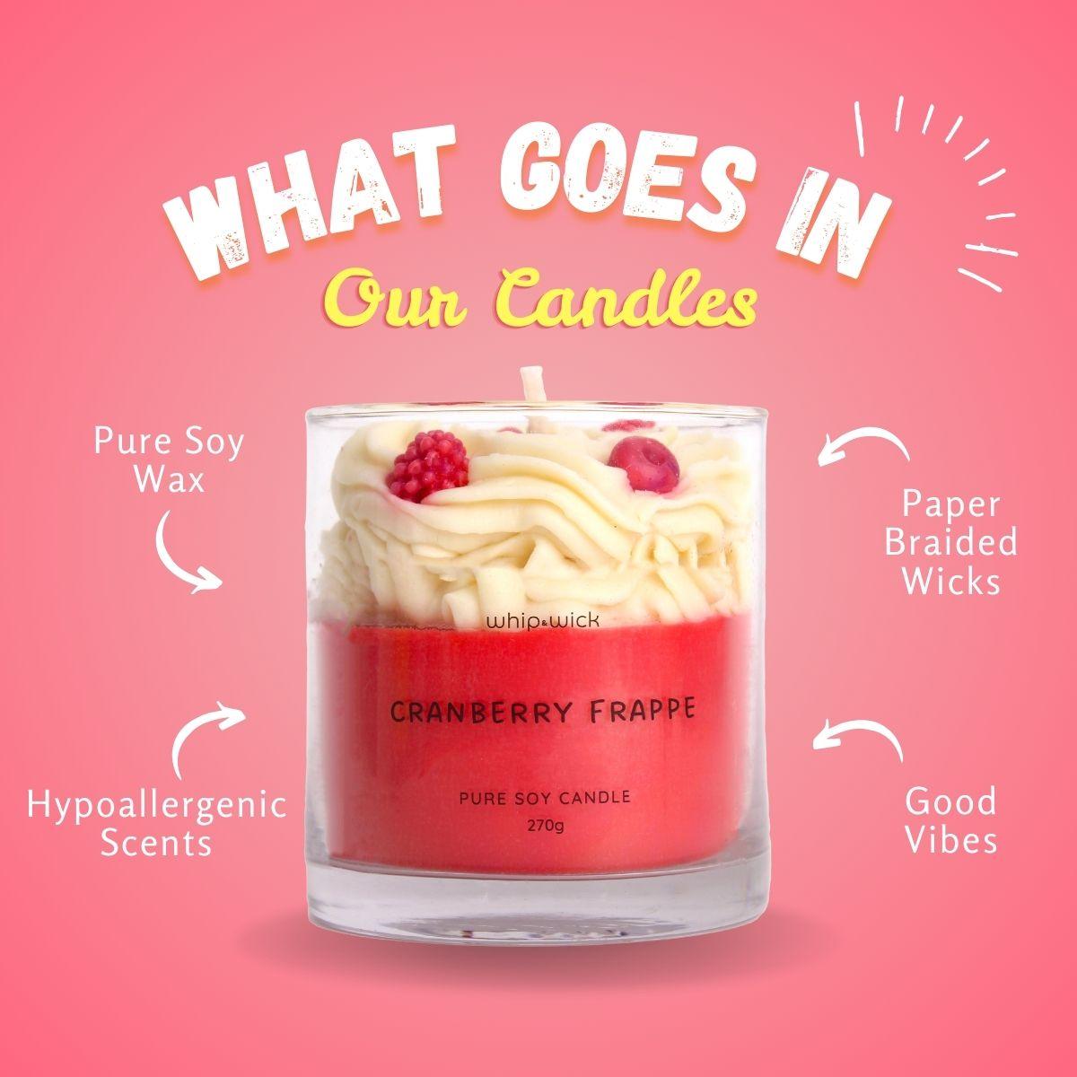 Cranberry Frappe Scented Candle with top notes of cranberries and mint, middle notes of whipped cream and sugar, and a vanilla base for a refreshing aroma.