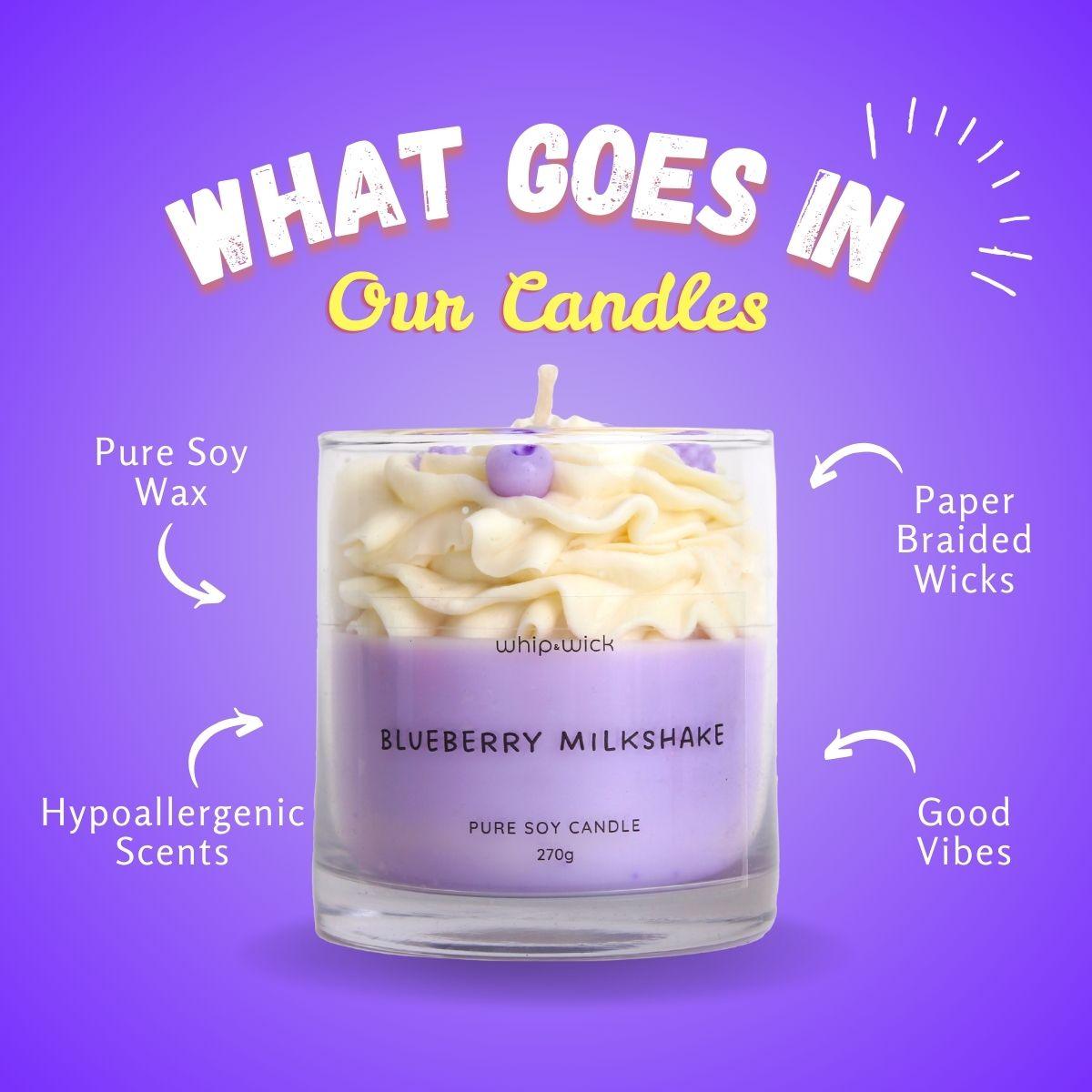 Blueberry Milkshake Scented Candle with a sweet, creamy aroma of fresh blueberries and vanilla, perfect for a cozy, indulgent atmosphere.