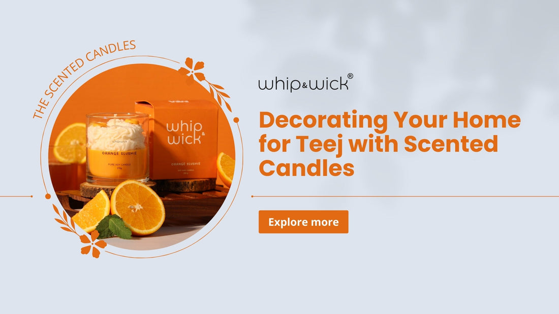 Whipandwick orange slushie scented candle styled with fresh oranges, perfect for Teej home decoration