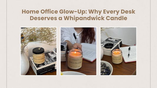 Home office desk styled with Whipandwick Boulangerie scented candle for a cozy work-from-home setup