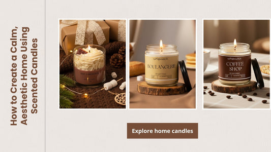 Whipandwick aesthetic scented candles including Hot Chocolate, Boulangerie, and Coffee Shop soy wax candles styled for a calm home ambience