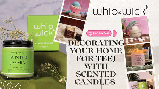 Decorative Whipandwick Teej banner featuring Winter Jasmine, Coffee Shop, Marshmallow Vanilla, and Rose Garden scented candles with a ‘Shop Now’ button, promoting aesthetic home decor with soy wax candles for Teej celebrations.