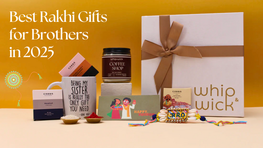 Whip & Wick Rakhi 2025 gift hamper featuring a Coffee Shop scented candle, Carra soaps, a white mug with a fun sister quote, a festive Rakhi, roli chawal bowls, and a luxury gift box  perfect Rakhi gift for brothers
