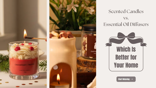 A cozy Whipandwick Cranberry Frappe scented candle being lit beside an essential oil diffuser and wax melts, representing the comparison between candles and diffusers for home ambience.