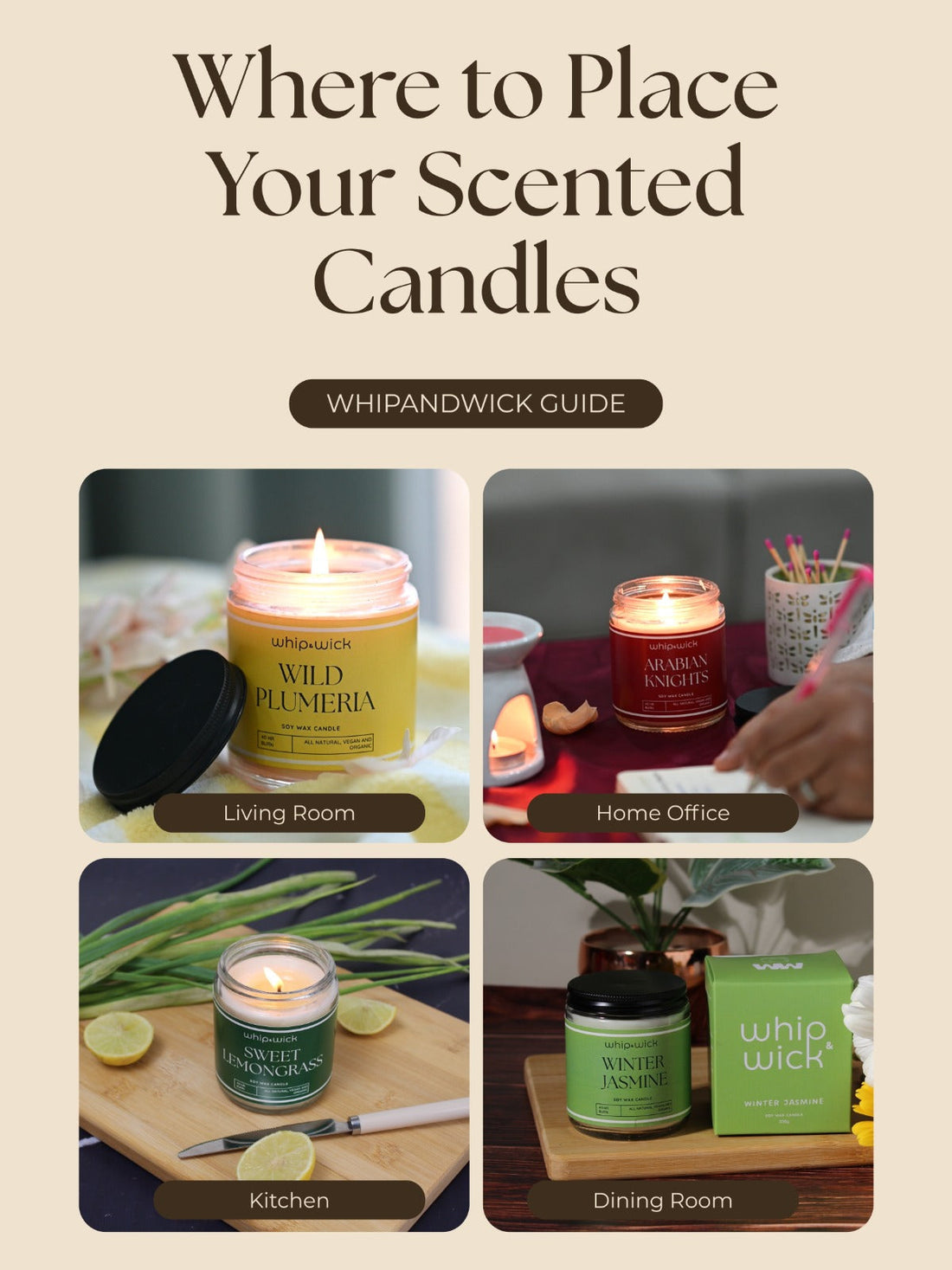 Whipandwick guide on where to place your scented candles — Wild Plumeria in the living room, Arabian Knights in the home office, Sweet Lemongrass in the kitchen, and Winter Jasmine in the dining room.