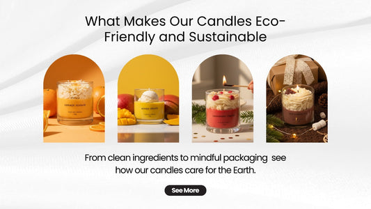 Eco-friendly soy wax candles by Whipandwick featuring Orange Slushie, Mango Gelato, Cranberry Frappe, and Hot Chocolate candles.