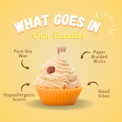 Banoffee Cupcake scented candle with sweet banana, toffee, and vanilla notes in a cupcake-shaped jar.

