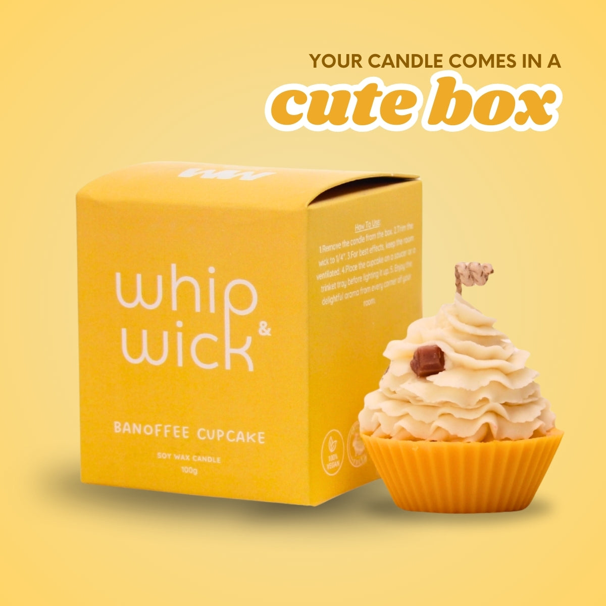 Banoffee Cupcake scented candle with sweet banana, toffee, and vanilla notes in a cupcake-shaped jar.

